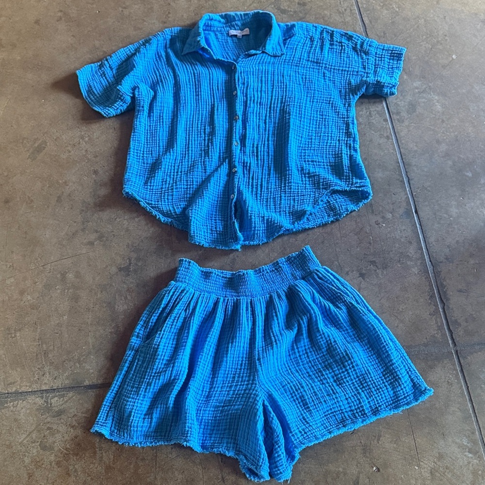 Michael Stars Blue Gauze Short Jumpsuit Set